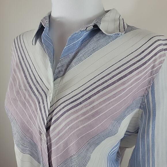 Chicos Linen Top Womens 2 White Pin Stripes Button Down No Iron Coastal Nautical - Picture 2 of 12